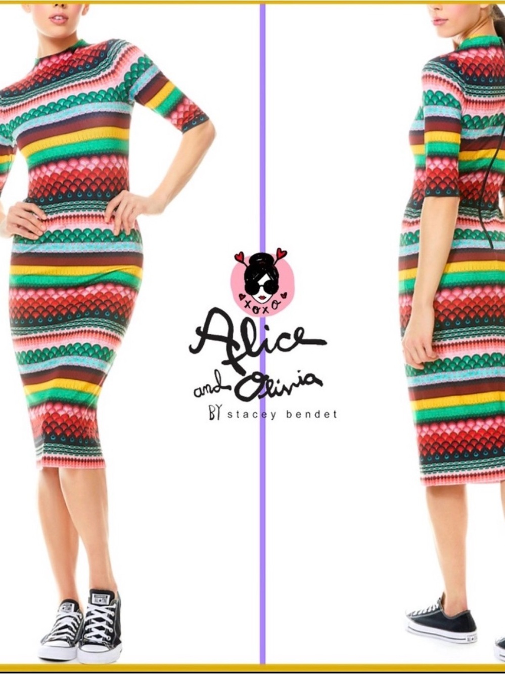 Alice + Olivia Green, Yellow, Red & Pink Striped Midi Dress